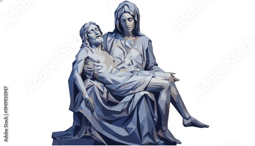 Pieta sculpture concept of Mary holding Jesus. Low poly geometric vector illustration isolated on transparent background