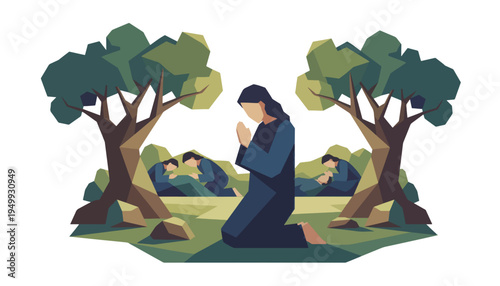 Jesus praying in the Garden of Gethsemane with sleeping disciples. Low poly geometric vector illustration isolated on transparent background