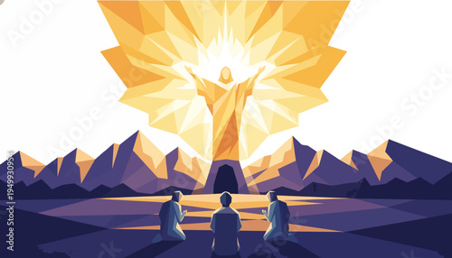 Geometric low poly illustration of Jesus Christ resurrection. Radiant morning light with kneeling figures. Religious Easter vector graphic isolated on transparent background