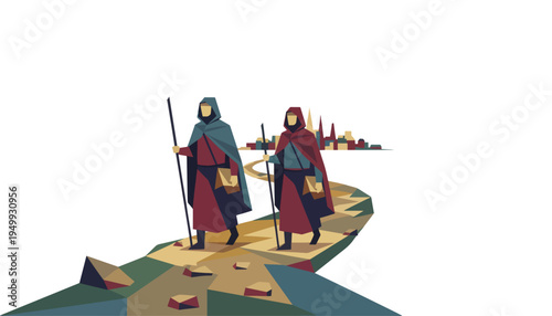 Road to Emmaus biblical narrative with two walking disciples. Geometric low poly vector illustration. Religious holy week graphic element isolated on transparent background