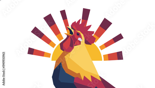 Crowing rooster at dawn with geometric sun rays. Low poly flat design vector illustration. Holy week biblical symbol isolated on transparent background