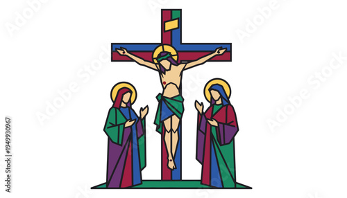 Stained glass crucifixion scene vector illustration. Jesus on the cross with Mary and John. Holy week and Easter religious design element isolated on transparent background