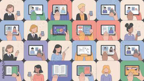 A diverse group of people using various devices for online learning and communication in a colorful and vibrant setting.