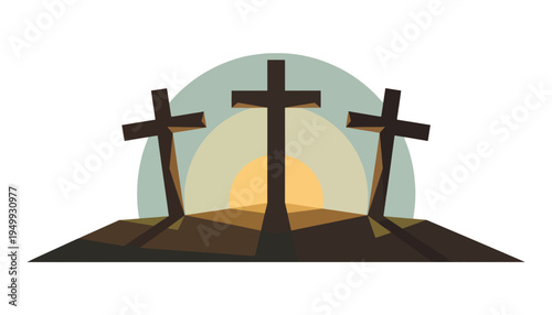Three crosses on Calvary hill vector illustration. Geometric sunrise landscape. Good Friday and Easter religious design element isolated on transparent background