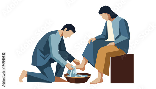Washing of the feet ceremony flat design vector illustration. Geometric minimalist biblical scene isolated on transparent background. Maundy Thursday and Holy week concept