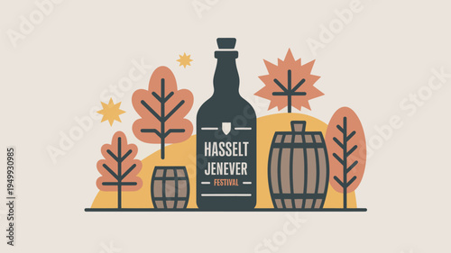 A bottle of Hasselt Jenever surrounded by autumn leaves and wooden barrels on a yellow background