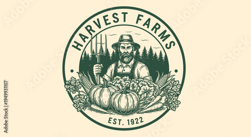 Vintage Harvest Farms Logo with Farmer and Produce.