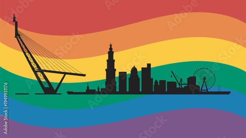 A vibrant city skyline silhouette set against a colorful rainbow background with a bridge and Ferris wheel.
