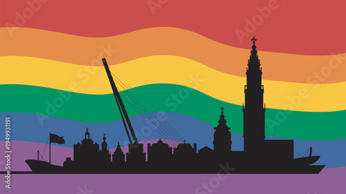 A vibrant city skyline silhouette with a rainbow flag background symbolizing diversity and inclusivity