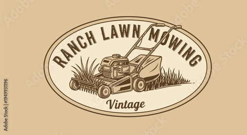 Vintage Ranch Lawn Mowing Logo with Classic Push Mower and Grass Illustration.