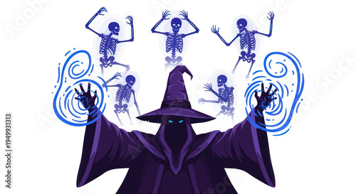 Mysterious Wizard Conjures Skeletons with Magic Energy, Halloween Theme