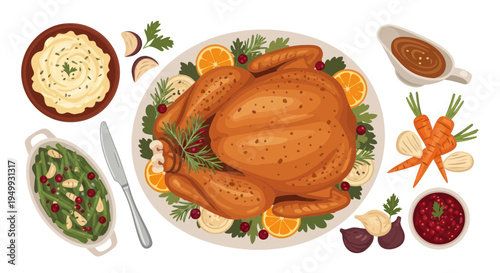 Roasted Turkey Dinner Feast with Mashed Potatoes, Gravy, and Cranberry Sauce