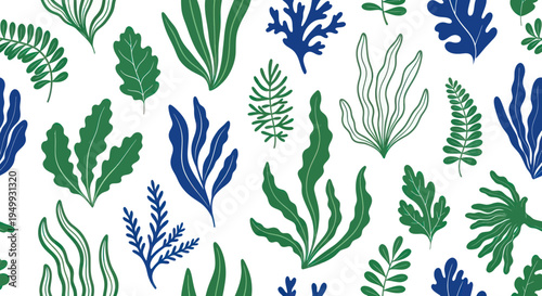 Seamless Pattern of Green and Blue Seaweed and Underwater Plants on White Background