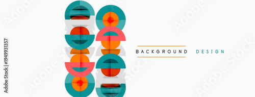 Geometric shapes, stacked vertically. Teal, red, beige colors dominate design. Minimalist aesthetic, clean lines present. Background is white.