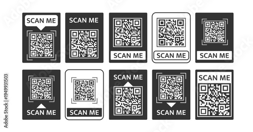 Scan Me QR Code Labels Set - Mobile Scanning Badges Collection Vector Illustration