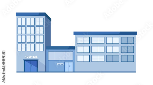Modern blue hospital building facade with reception entrance and windows