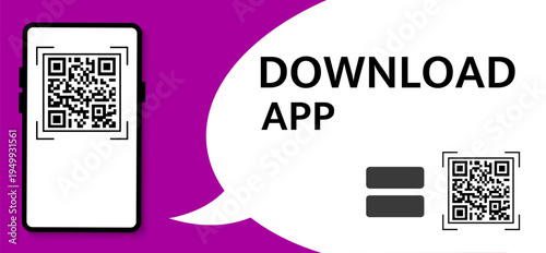 Download App QR Code Banner - Mobile Application Promotion Template with Smartphone and Quick Response Codes on Purple Background