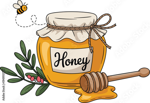 Honey jar with dipper and bee illustration, natural organic sweet honey food concept vector design