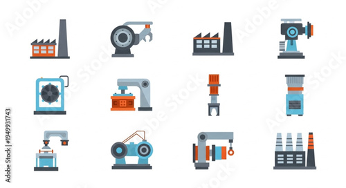 Industrial Automation Icons - Factory Machines and Robotic Arms.