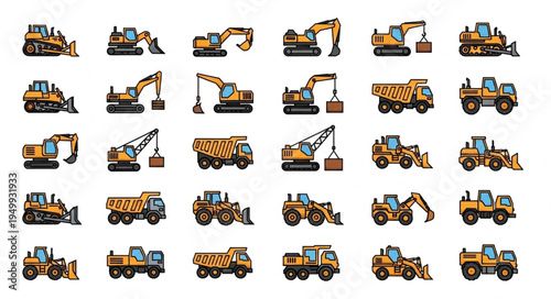 Collection of Heavy Construction Vehicles in Pixel Art Style.