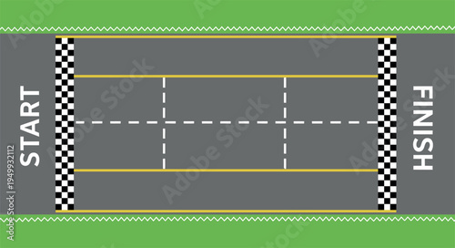Top View Asphalt Race Track Vector with Start and Finish Lines and Checkered Pattern