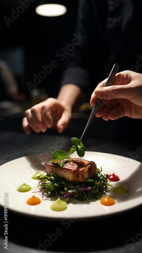 Gourmet dining experience: chef preparing exquisite plated dish with colorful sauces