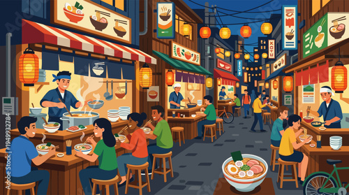 A vibrant illustration of a bustling Japanese ramen market at night, with happy people eating under glowing lanterns.