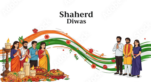 Illustration of diverse Indian people paying tribute to martyrs on Shaheed Diwas with patriotic design elements and tricolor background.