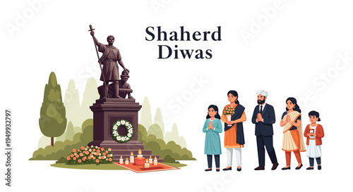 Illustration of a family paying tribute to a martyrs' memorial with a statue, flowers, and candles on Shaheed Diwas, a patriotic Indian holiday.