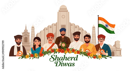 Illustration of diverse Indian freedom fighters with floral tributes and monuments on Shaheed Diwas, symbolizing patriotism and national heroes.