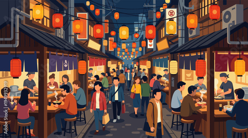 A vibrant illustration of a bustling Japanese food market at night, where a crowd eats ramen at stalls under the warm glow of paper lanterns.