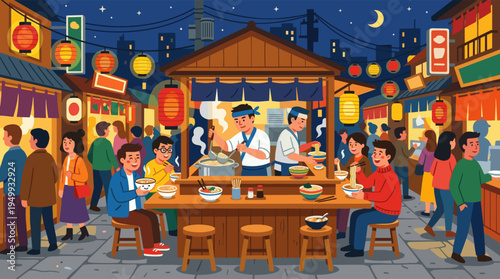 A vibrant illustration of a bustling Japanese night market where happy people enjoy hot ramen from a traditional food stall under glowing lanterns.