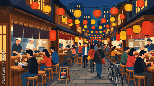 A vector illustration of a crowded city alley in Japan where people enjoy ramen at outdoor stalls under glowing lanterns.