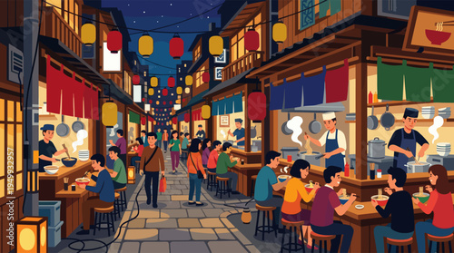 Vector illustration of a bustling Japanese food market at night, with people dining at ramen stalls under glowing lanterns.