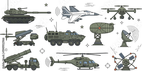 Military Vehicles and Equipment Icons Collection with Tank, Fighter Jet, Helicopter, Drone, Radar, Missile Launcher, and Tactical Transport Vehicles