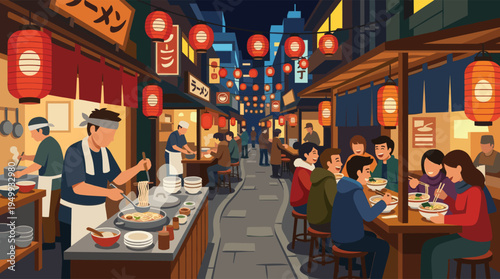 An illustration of a lively Japanese night market where people and friends gather to eat delicious ramen under glowing red lanterns.