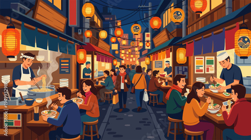 A lively illustration of a Japanese night market, with a crowd of people eating ramen at food stalls under warm, glowing lanterns.