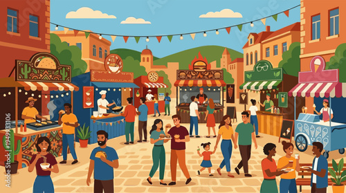 A diverse crowd of happy people enjoys food from various stalls at a bustling outdoor street food festival in a city square.