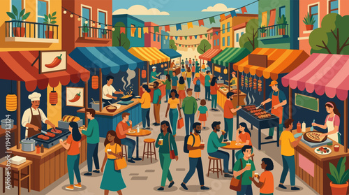 A vibrant, colorful illustration of a diverse community of people enjoying food and socializing at a bustling outdoor street market or festival.
