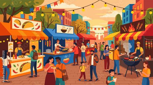 A diverse crowd of people and families enjoy eating at a vibrant outdoor street food festival with various stalls under festive string lights in a city.