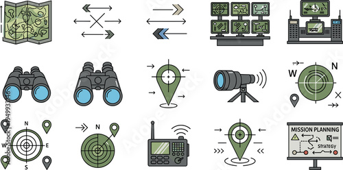 Mission Planning and Navigation Icons Collection with Map, Compass, Binoculars, Telescope, GPS, Radio, and Directional Symbols
