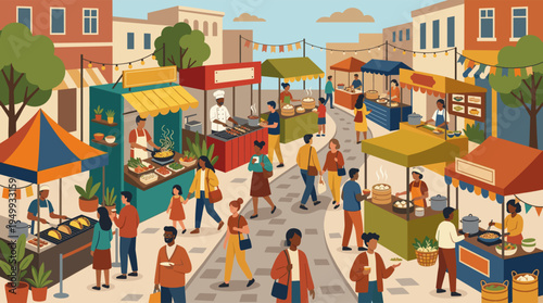 A vibrant illustration of a diverse community enjoying a bustling outdoor street food festival with vendors, stalls, and festive decorations.
