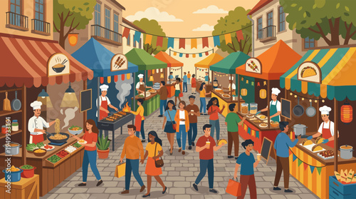 Vibrant vector illustration of a busy street food festival with a diverse crowd enjoying international cuisine from colorful stalls under festive banners.