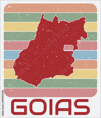 Goias, Brazil vintage logo. Shape of the state on retro colored stripes background. Goias, Brazil map design with grunge scratch texture. Vector illustration.