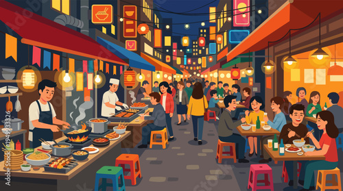 A vibrant illustration of a bustling Asian night market with people eating street food at stalls under glowing lanterns and colorful neon signs.