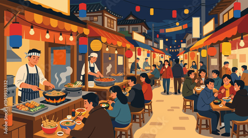 A vibrant illustration of a bustling Asian street food market at night, where crowds of people gather to eat noodles and traditional dishes under the warm glow of lanterns.