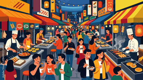 A happy crowd of people eats and socializes at a vibrant Korean street food market at night, with chefs cooking skewers under warm lanterns.