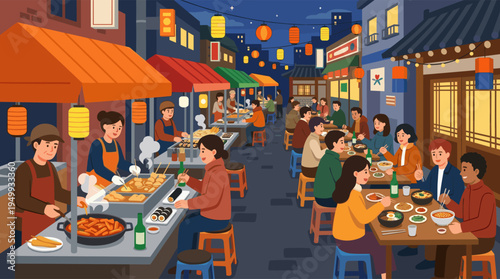 Vector illustration of a busy Asian street food market at night where friends gather to eat, drink, and socialize under festive paper lanterns.