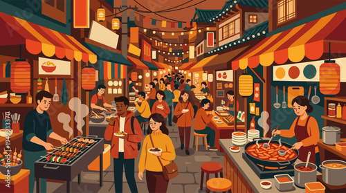 An illustration of a bustling Asian night market filled with a diverse crowd of people eating street food from various stalls under warm lantern light.