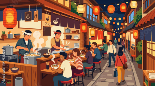 An illustration of a bustling Japanese street food market at night, where chefs serve ramen to customers eating at a cozy stall under warm paper lanterns.